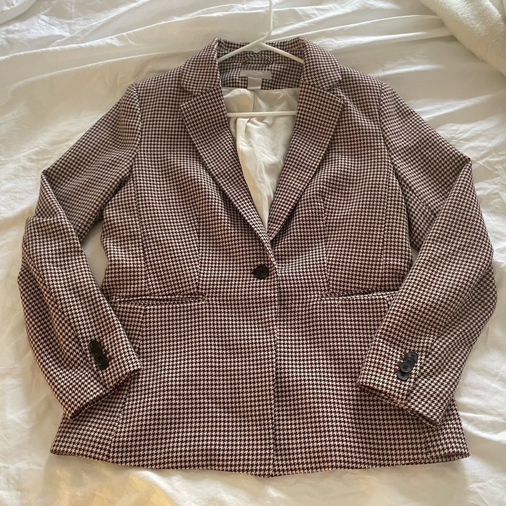 Womens H&M Blazer Size 12 Tweed Style Workwear Fashion Euc Lined Brown red cream